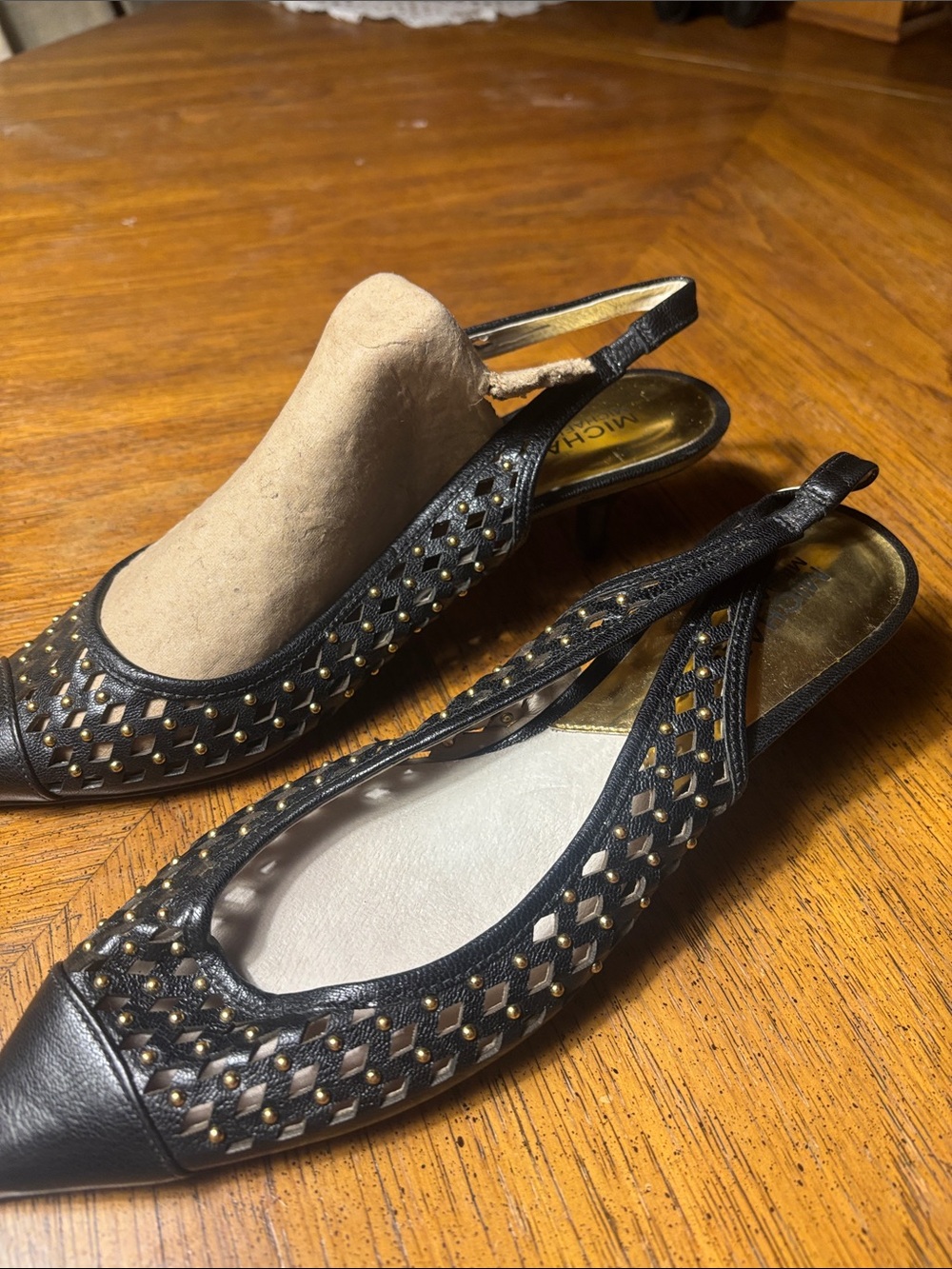 MICHAEL Michael Kors Black Pointed Slingback Flats with Gold Stud Accents